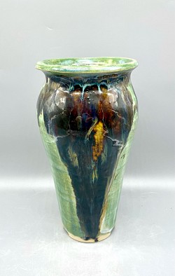 Tall Vase, layered celadon green, obsidian & oatmeal glazes